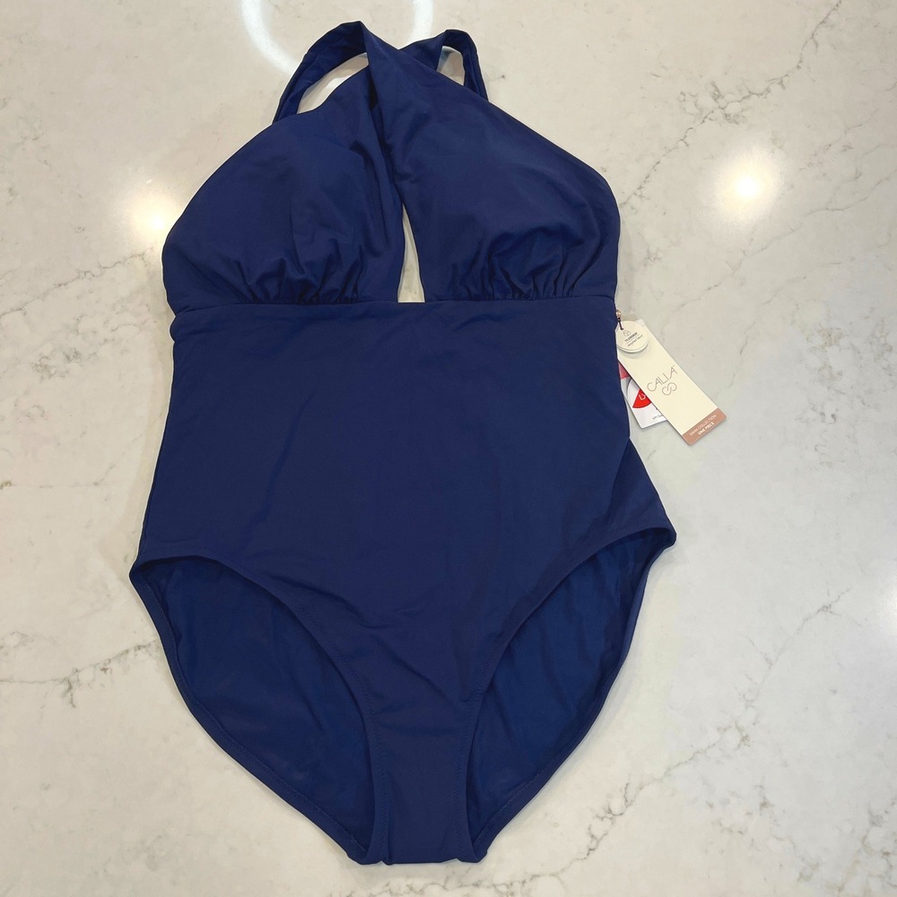 CALIA Cutout Halter High Leg One Piece Swimsuit Womens 14 Dark Blue Padded